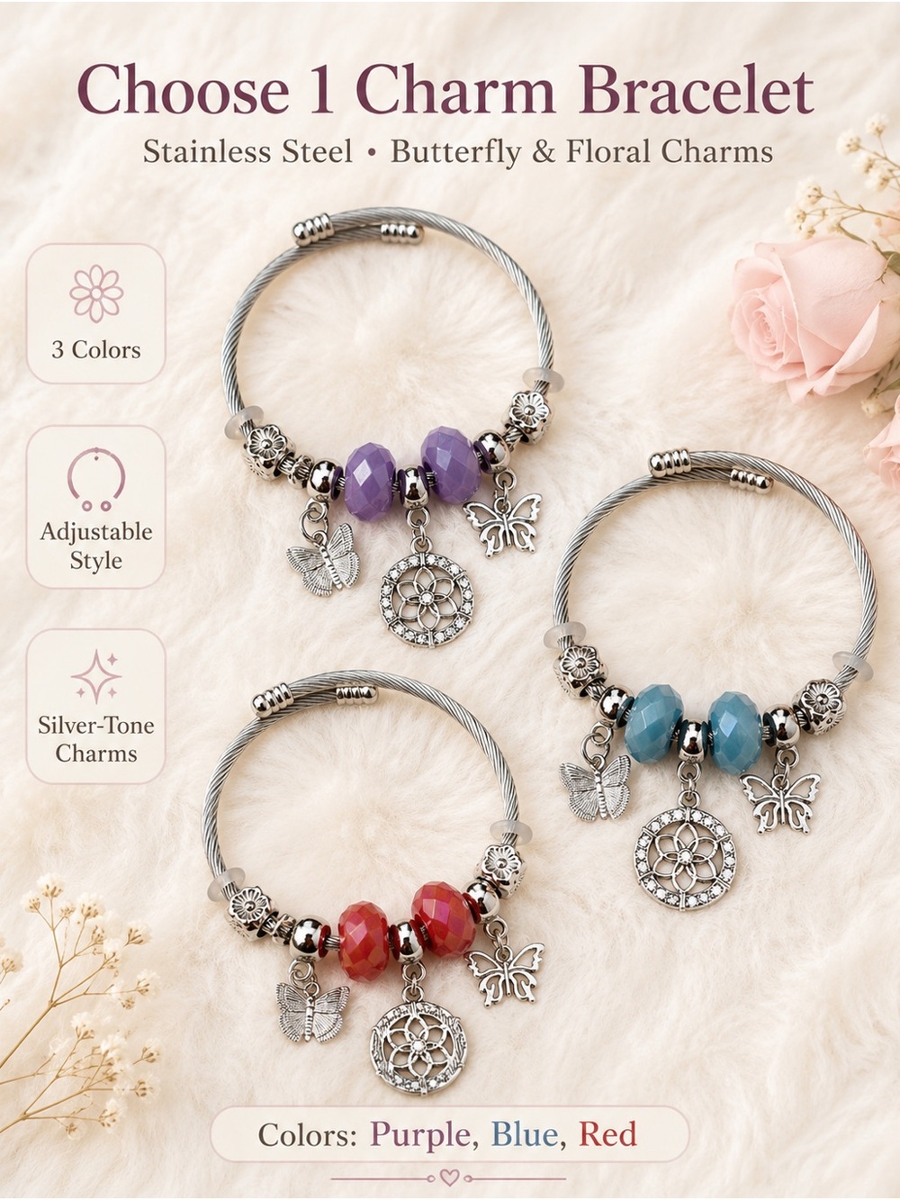 Adjustable Stainless Steel Charm Bracelet with Purple Beads